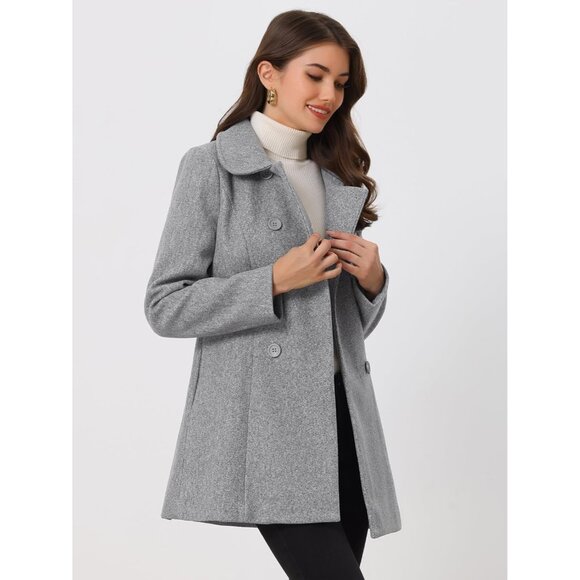 Women's Grey Peter Pan Collar Double Breasted Winter Long Trench Pea Coat - Picture 3 of 5